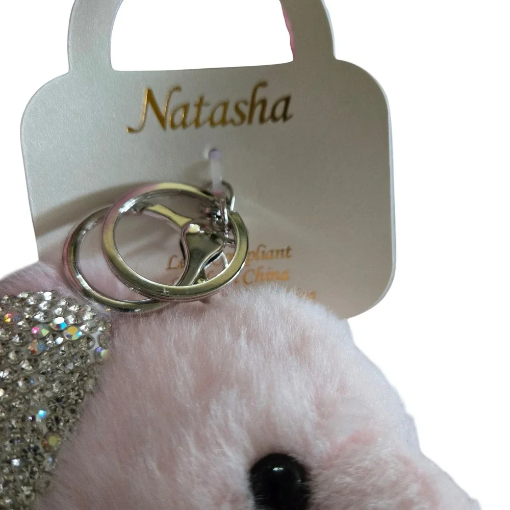 Natasha Plush Elephant Keychain Pink New Rhinestone Ear Bag Charm Faux Fur